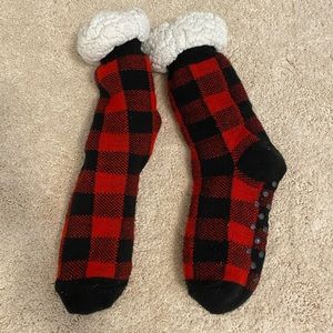 Black and Red Plaid - Fuzzy White Inside - Socks